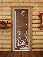 Дверь для сауны DoorWood (Дорвуд) 80x190 Престиж (с рисунком) Зима правая (бронза матовая)