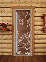 Дверь для сауны DoorWood (Дорвуд) 80x190 Престиж (с рисунком) Камышовый рай правая (бронза матовая)