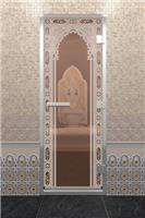 Дверь для турецкой бани DoorWood (Дорвуд) 60x190 Алюминиевый профиль Бронза с рисунком Восточная арка, правая