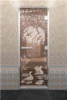 Дверь для турецкой бани DoorWood (Дорвуд) 60x190 Алюминиевый профиль Бронза с рисунком Лебединое озеро, правая