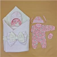 Комплект на выписку 6 пр: одеяло+комбинезон+шапочка+чепчик+рукавички+бант (№1886в-0-1_о_14) цвета в ассортименте
