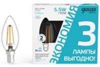 Лампа Gauss Basic Filament Свеча 5,5W 530lm 4100К Е14 LED (3шт в уп), КИТАЙ, код 05103030185, штрихкод 461012256278, артикул 1031126T